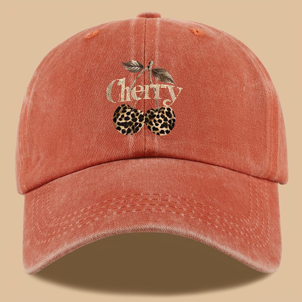 Leopard Print Baseball Cap Cherry Letters Unisex Daily Sun Hat Holiday or Birthday Gift for Cherry Enthusiasts