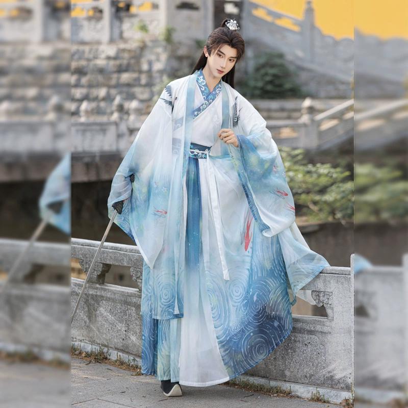 Chinese Wei Jin Dynasty Style Hanfu For Handsome Men, Martial Arts Style Cross Collar Sleeve One-piece Skirt Print Set