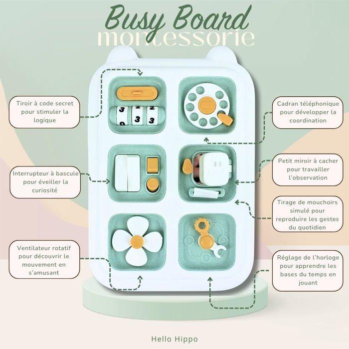 Busy Board Montessori - HELLO HIPPO - Tablette d’Activités - 22x15 cm - Éveil Sensoriel - Motricité Fine