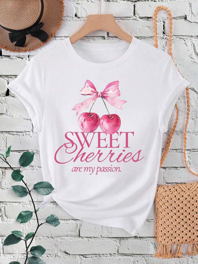 New Summer Women T Shirt Fashion Cherry Bow Print Short Sleeve T-Shirts Casual Streetwear Hip Hop Y2k Clothes Tops
