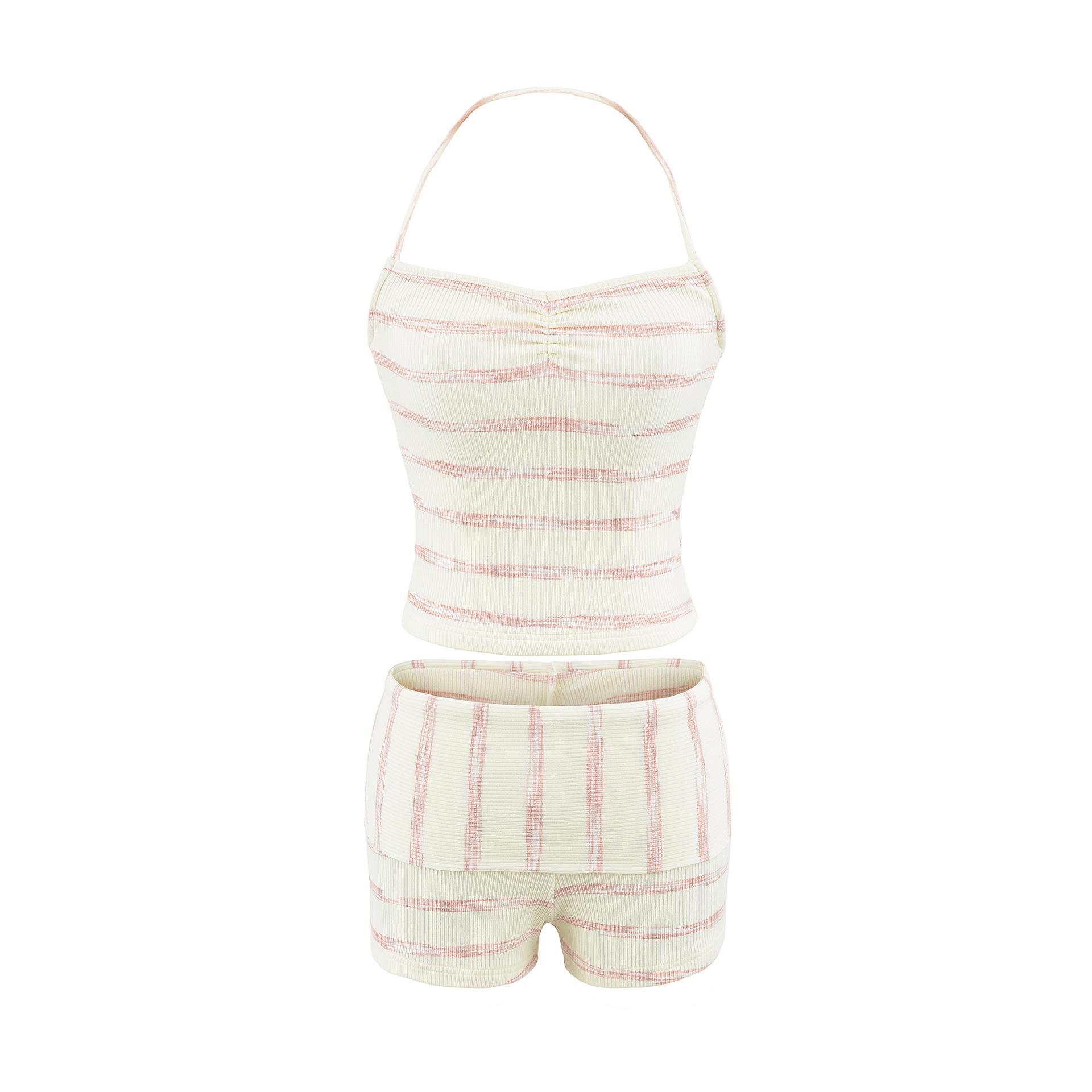 Cross-border women s clothing wholesale, European and American style with chest pad, striped neck sling vest + striped shorts two-piece set S розовый