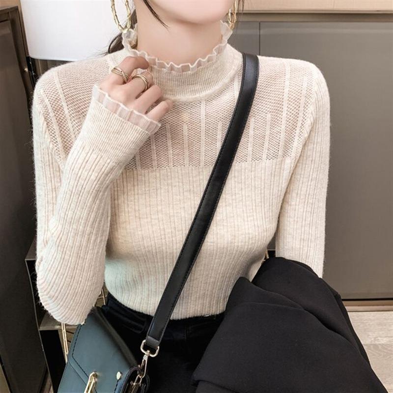 Semi-turtleneck base women's autumn and winter new solid-color lace knitted top slim-fitting inner sweater women's trend