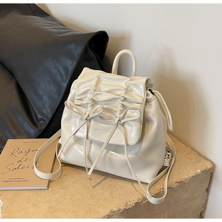 

Simple Pu Silver Backpacks School Bag Women Bowknot Casual Chain Drawstring Adjustable Handbag Vintage High Street Backpacks белый