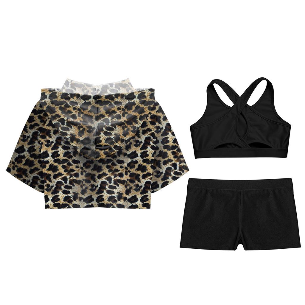 Kid Girls 3 Pieces Dance Outfit Gymnastics Hooded Crop Top Sleeveless Camisole and Shorts Set Tracksuit