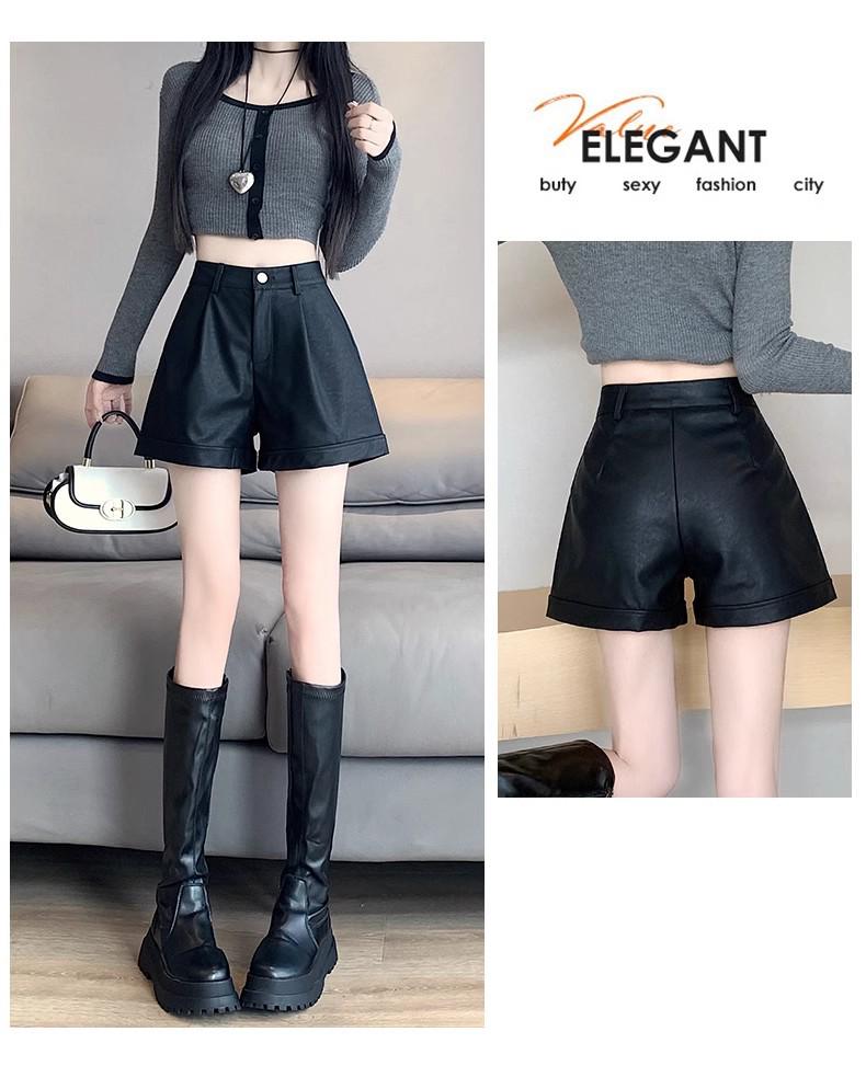 Women's High Waist PU Leather Shorts: Slim, Casual, Wide-Leg Design for Spring, Autumn, and Winter.