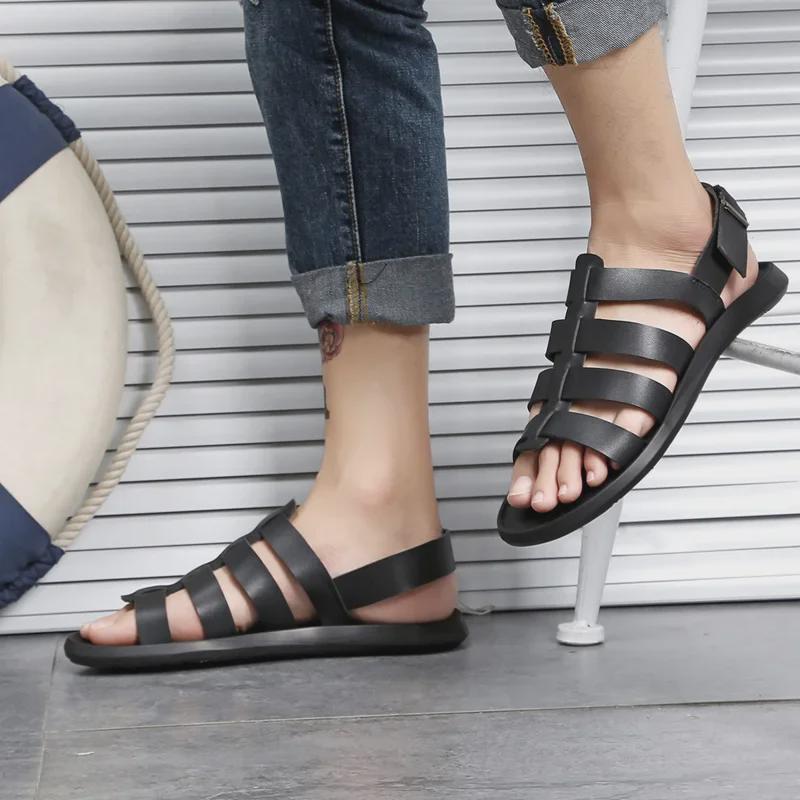 2024 Men's White Leather Open Toe Sandals: Trendy, Breathable, Non-Slip, Rivet Design, Summer Youth Style