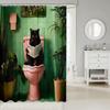 3D Black Cat Shower Curtain Green Plants Patchwork Geometric Plaid Bathroom Curtain for Kids Teens Adults Cute Pet Animal Mode