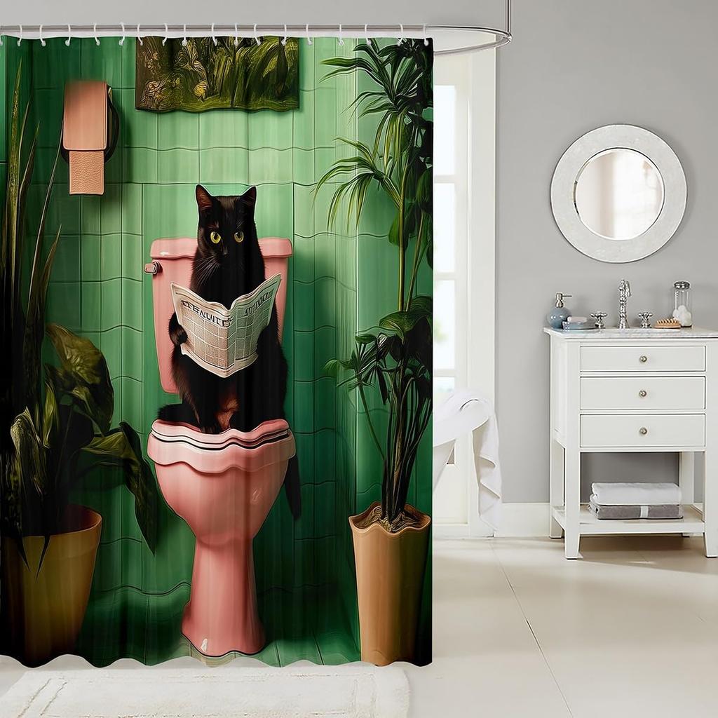 3D Black Cat Shower Curtain Green Plants Patchwork Geometric Plaid Bathroom Curtain for Kids Teens Adults Cute Pet Animal Mode