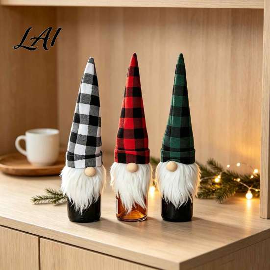 Flexible Plaid Fabric Covers Christmas Wine Bottle Cover Fluffy Artificial Beards Decor Gnome Seasonal Accessories Toppers for Holiday Table