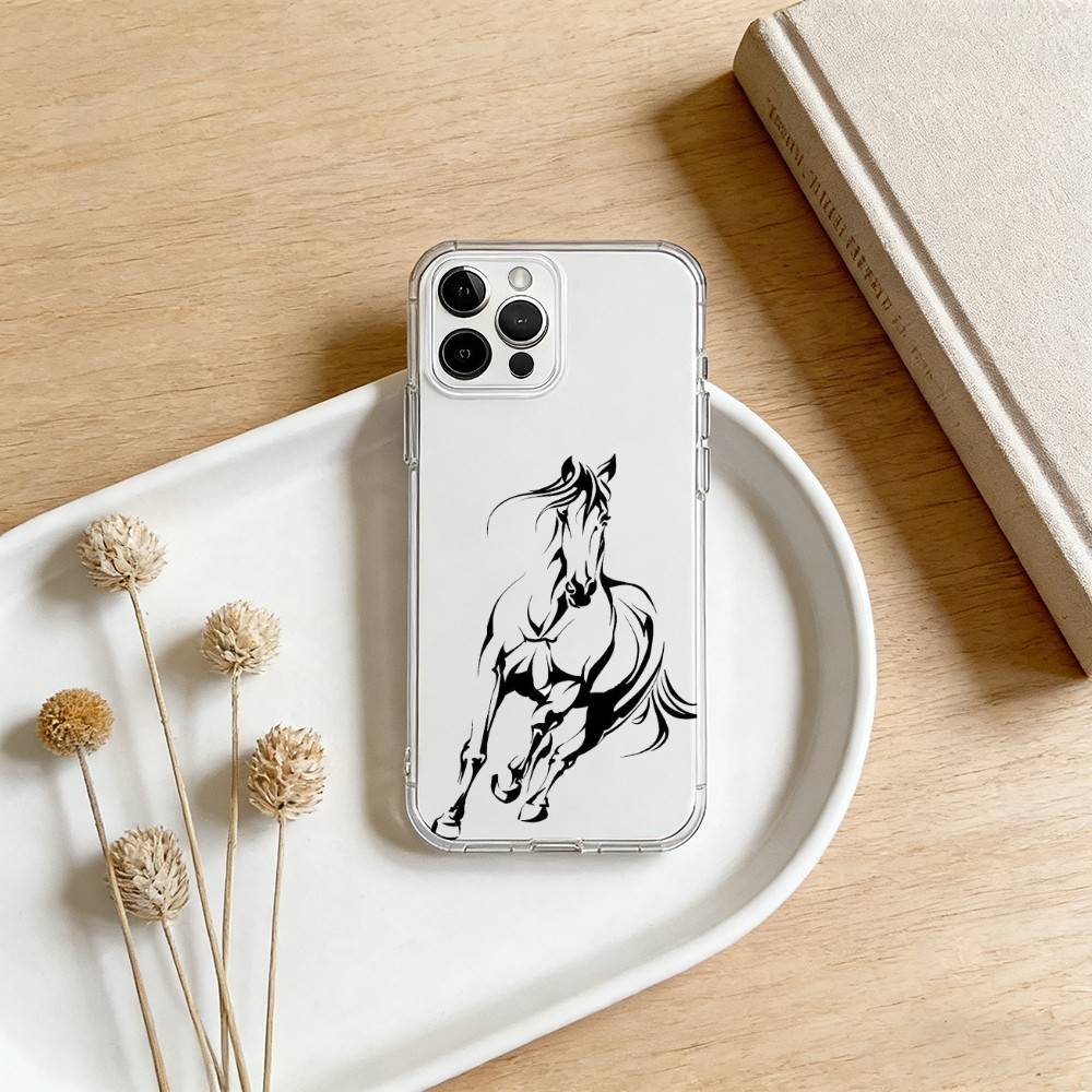 Running Black Horse Pattern Phone Case For iPhone 17 16 15 14 13 12 11 Mini Pro Max Plus Transparent Cover