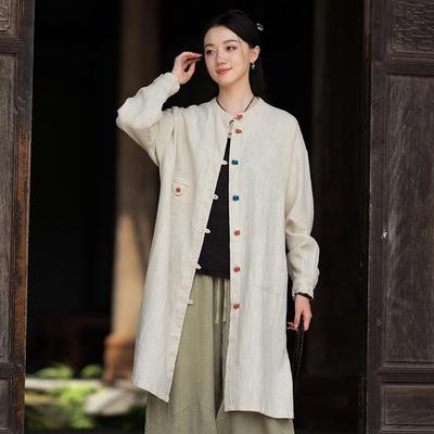 Women Chinese Style Shirts Tops Solid Color Button Blouses  Autumn Mid-length Vintage Shirts