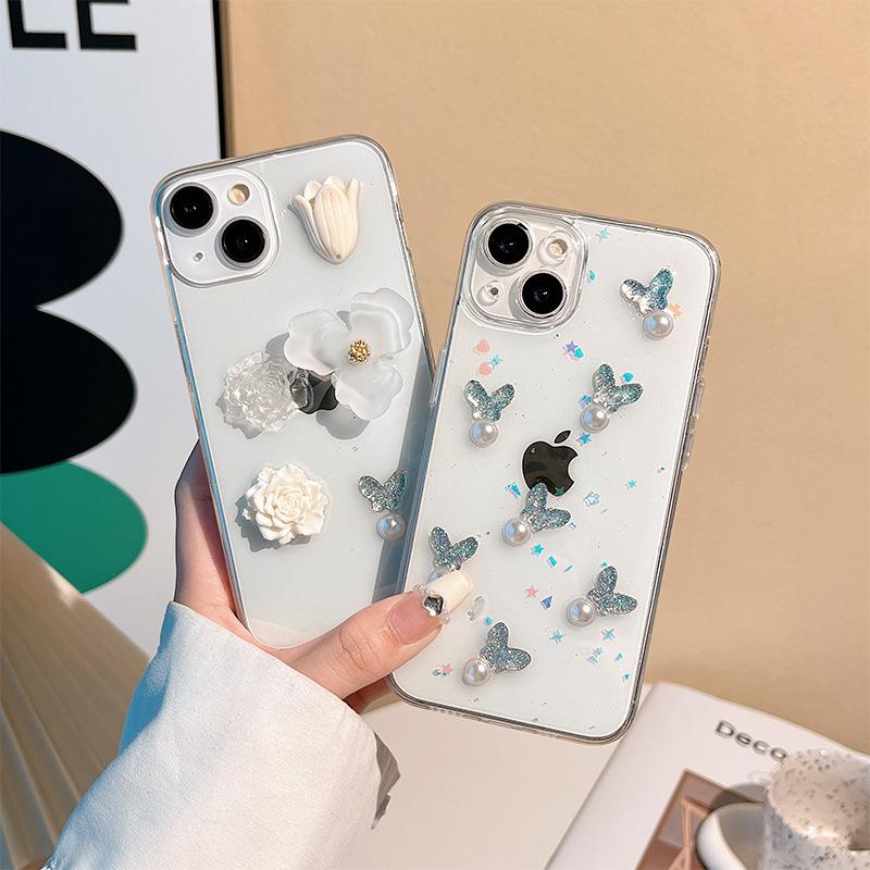 Xiaoqing Fresh Air Pearl Butterfly Flower Mobile Phone Case For Iphone16 Transparent 17P Rhinestone 15 Fine Hole 13