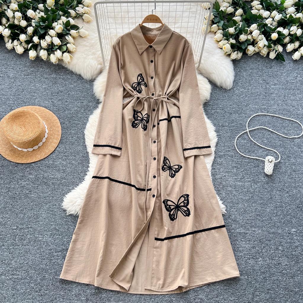 Elegant Butterfly Embroidered Polo-neck Vintage Long Sleeves Single Breasted Slim A-line Long Dress French High Street Clothing