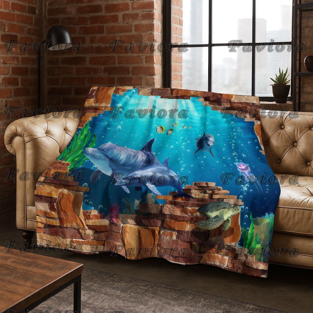 26 Style 3D Illusion Sea Underwater World Dolphin Flannel Blanket,Cozy Soft Throw Blanket for Home Bedroom Bed Sofa Cover Gift