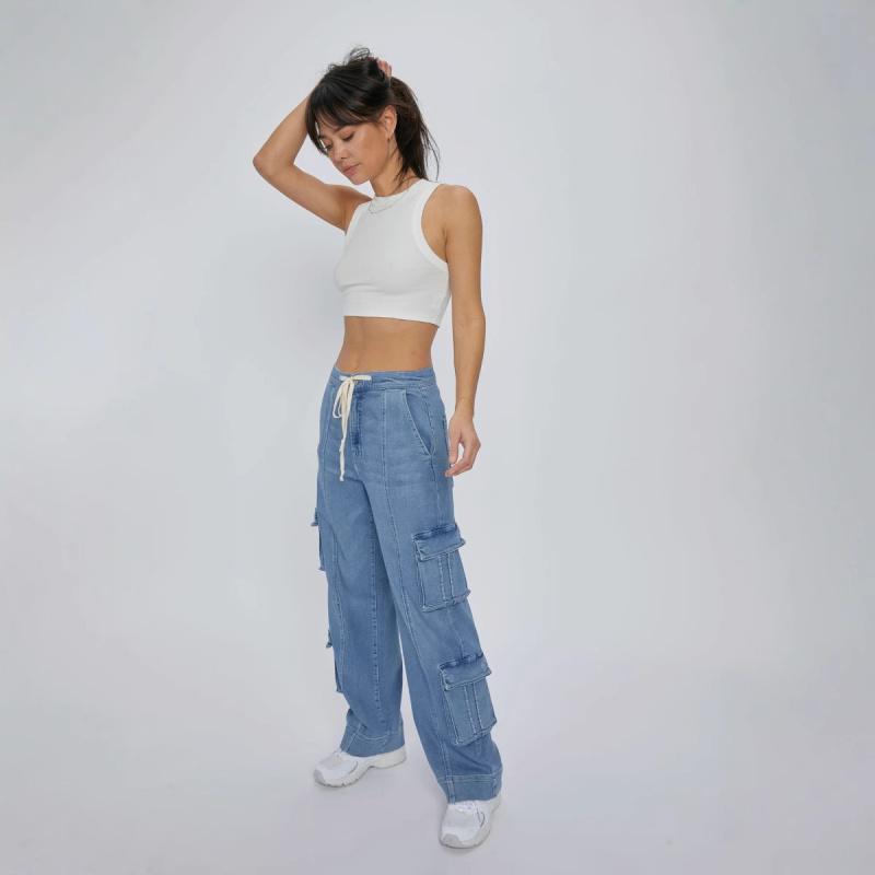 2026 Spring New Street Style Washed Cargo Pants for Women, Multi-Pocket Wide-Leg Tie-Waist Women's Jeans