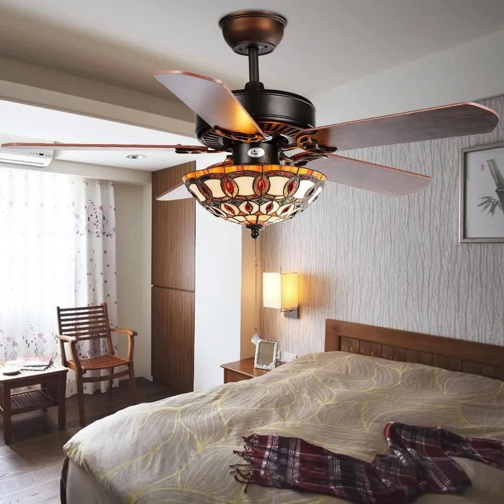 Retro Restaurant Ceiling Fan with Light Colored Glass Ceiling Fan Home Remote Control Wooden Leaf High Wind Ceiling Fan Light