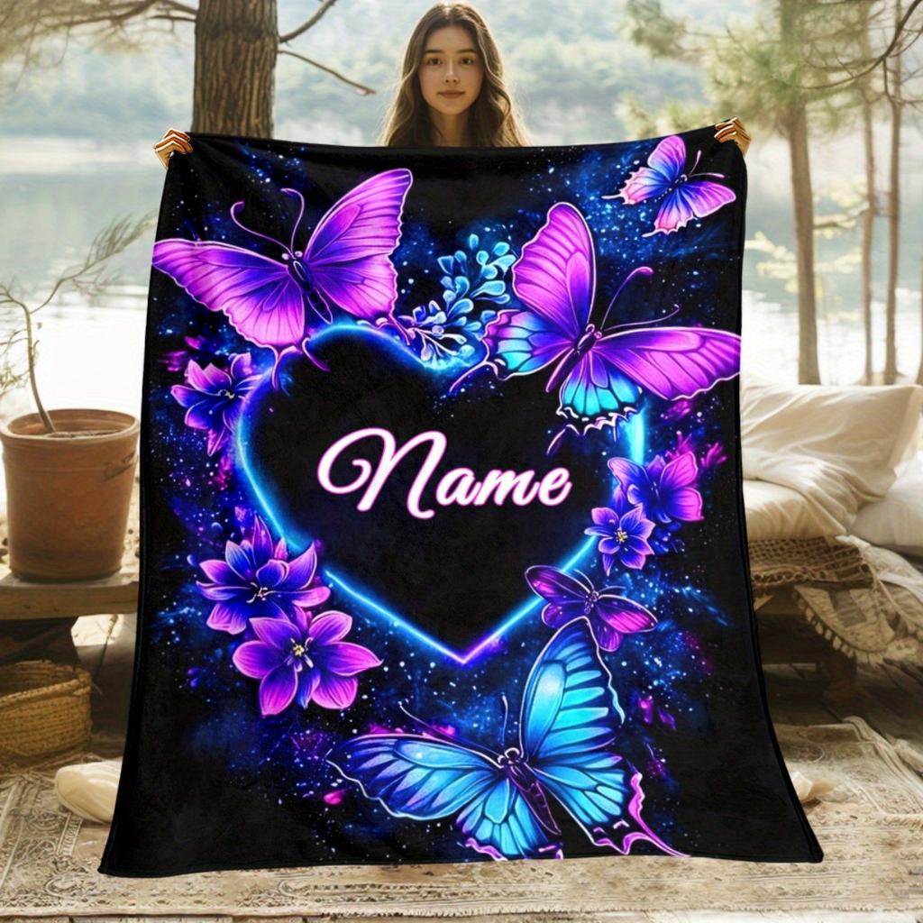Neon Purple Blue Butterfly Heart Flannel Throw Blanket Personalized Floral Butterfly Sofa Bed Blanket