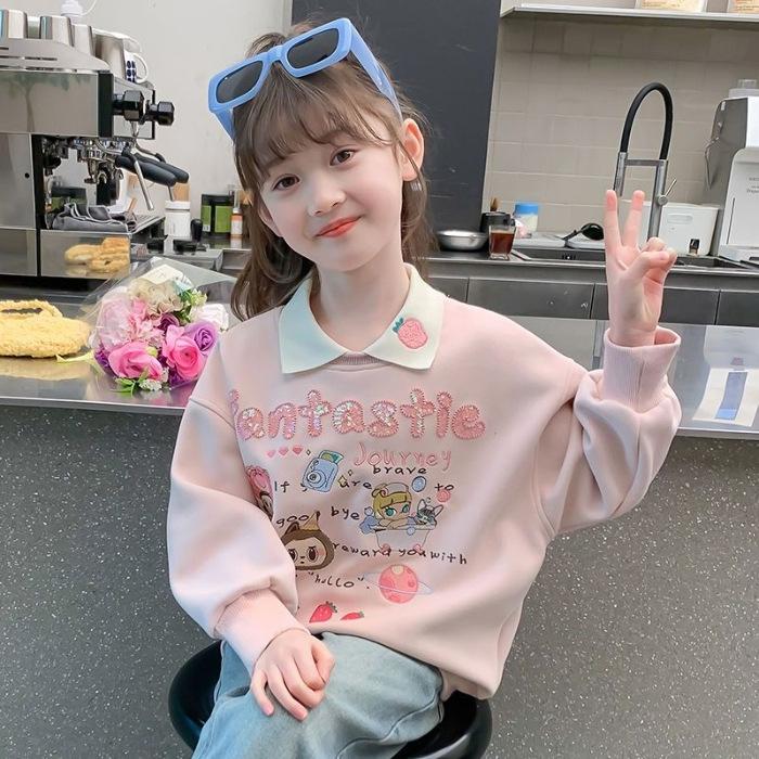 Girls Fleece Lined Collar Sweatshirt Warm Casual Top Autumn Winter Kids Pullover Shirt 110