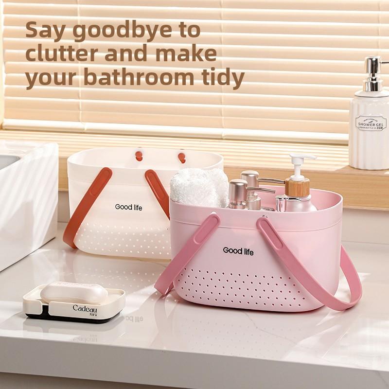 Portable Hollow Bath Basket Silicone Handle Portable Bath Basket Student Dormitory Bathroom Toiletries Storage Basket