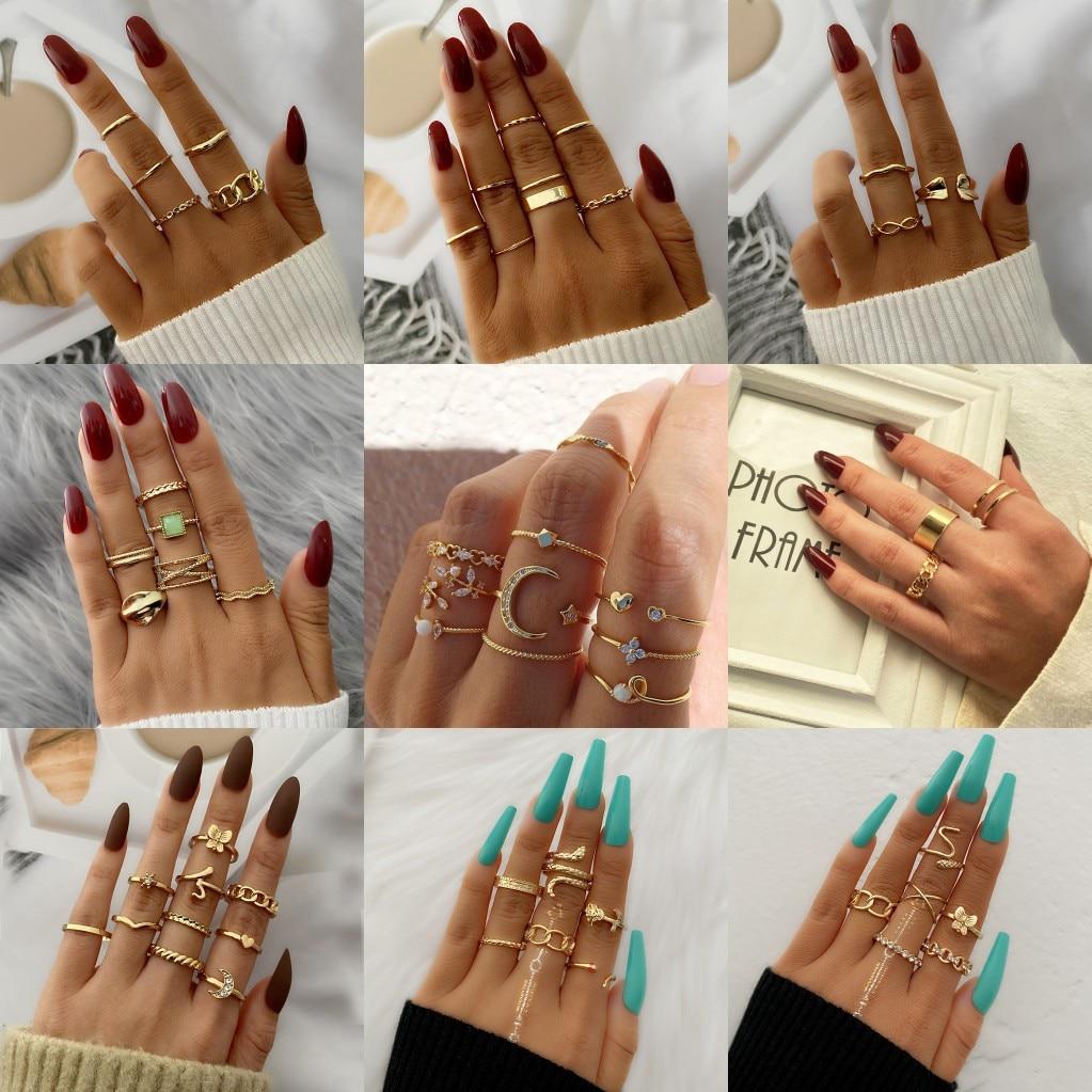 Sada prstenů s českým zlatým řetízkem pro ženy Fashion Boho Coin Snake Moon Rings Dárkové šperky Party Trend