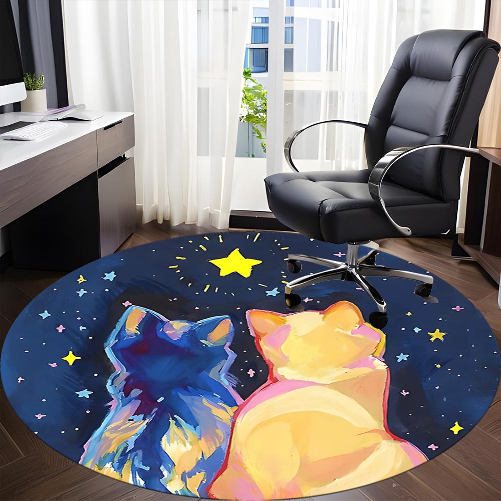 1pc Cats Night Office Round Area Rug, Under Office Chairs Bedroom Living Room Home Decor, Room Deco, Available In Various Sizes