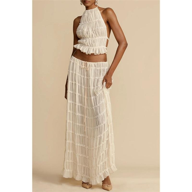 Damen Neuer einfarbiger 2-teiliger lässiger Neckholder-Tragekomfort Mehr Sommer Ärmellos Locker Urlaub Damen Rockanzug