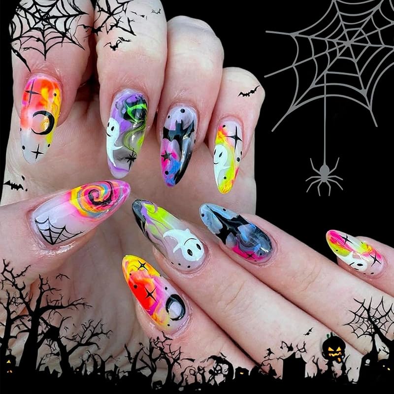 Halloween Press on Nails Medium Almond Fake Nails with Designs Cute Ghost Stick on Nails Rainbow Swirl False Nails Bat Acrylic Nails Cobweb