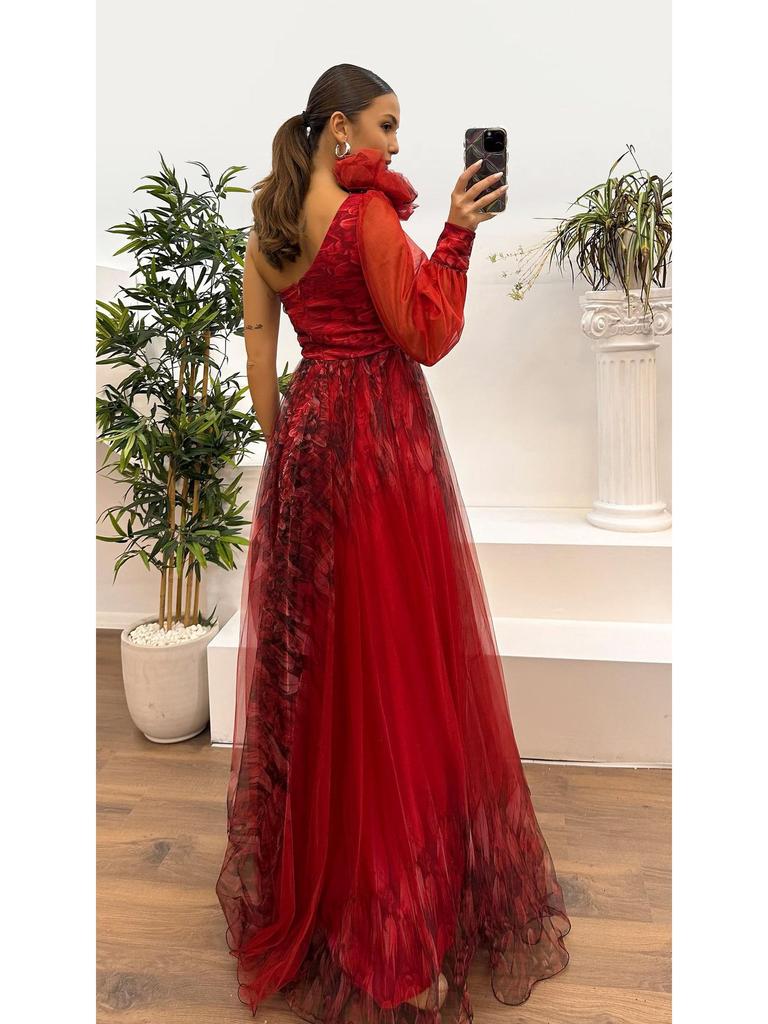 European & American One-Shoulder Mesh Print Dress: Spring/Autumn Casual Loose Party Style