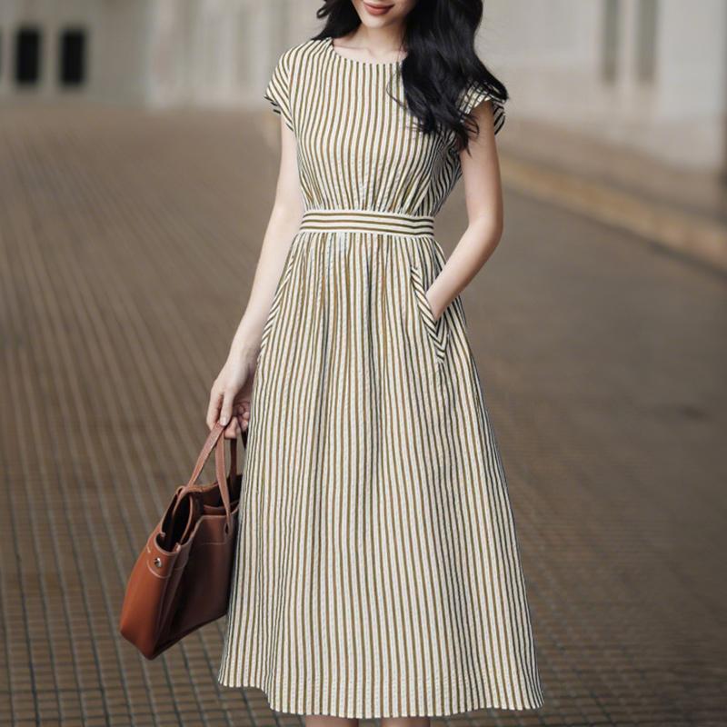 ZANZEA Rochie de vară casual pentru femei, cu gât rotund, mânecă scurtă și dungi
