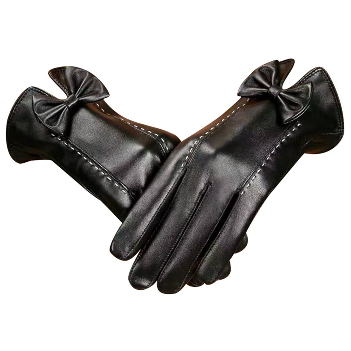 

Women s leather gloves autumn and winter new bow gloves warm plus velvet Korean style slim short touch screen leather gloves