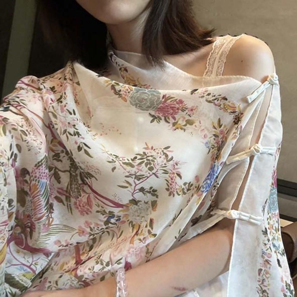 Breathable Thin Large Shawl Frog Button Sunscreen Headscarf Sweet Women Floral Scarf  Vacation
