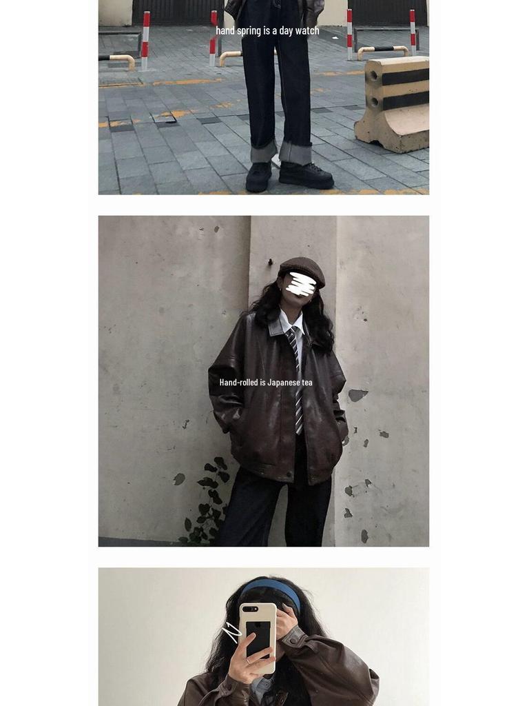 Women's Retro Brown & Black Leather Motorcycle Jacket - Spring/Autumn Loose Outerwear