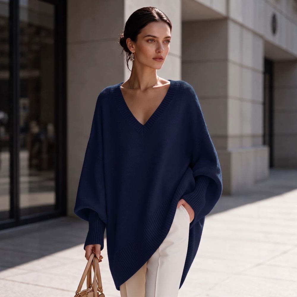 Women V Neck Loose Sweater Mid Length Long Sleeve Cozy Knit Top Fall Winter