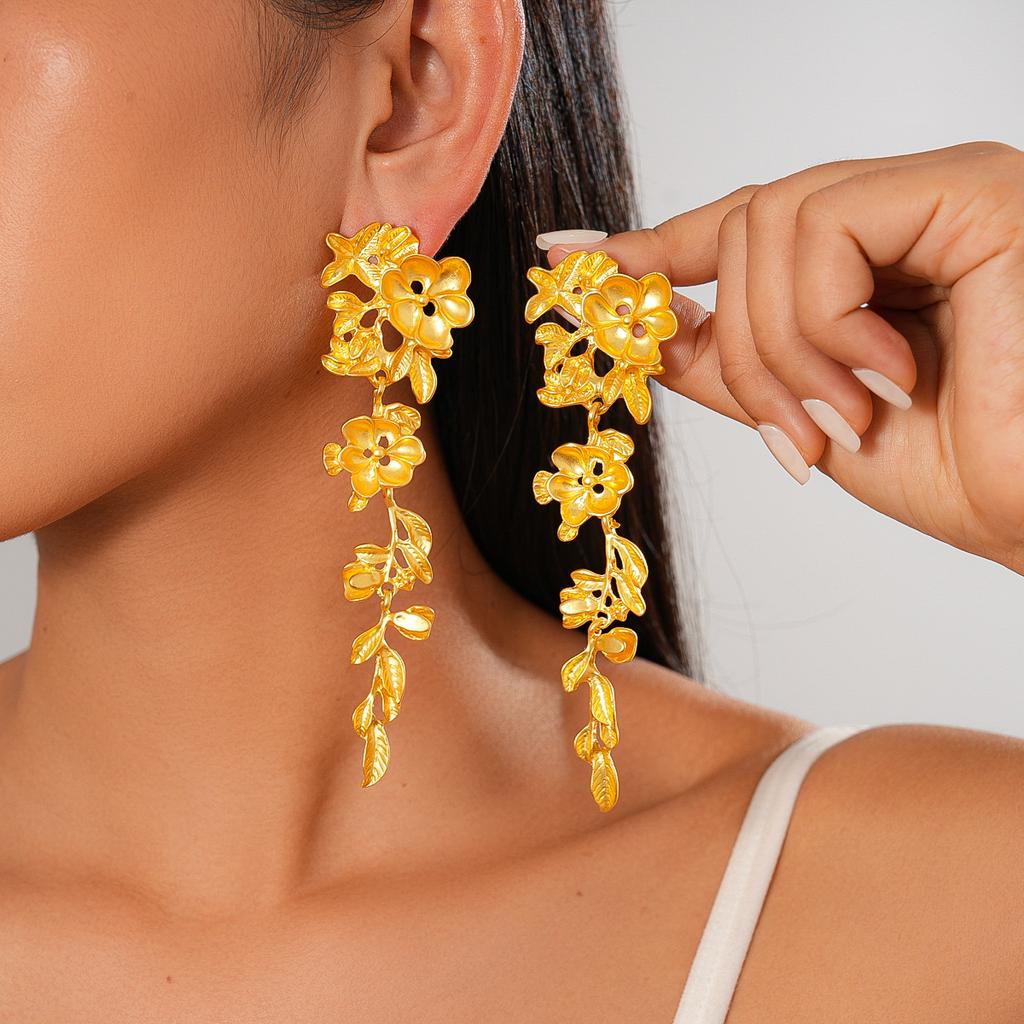 Metal flower leaf silver needle earrings exaggerated personality court style environmental protection earrings