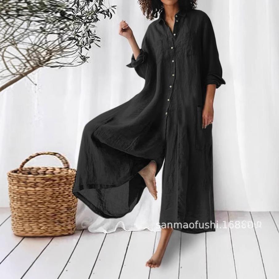 Effen kleur casual lange mouwen middellange en lange katoenen en linnen shirt jumpsuit dames