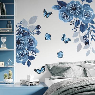 Autocollants muraux Roses papillon bleu encre, décoration de maison, salon chambre à coucher, décoration murale en vinyle, autocollants muraux auto-adhésifs fleurs