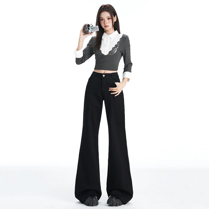 Khaki black medium and low waist micro-flared jeans women's new slim-fitting and slim pants pattern