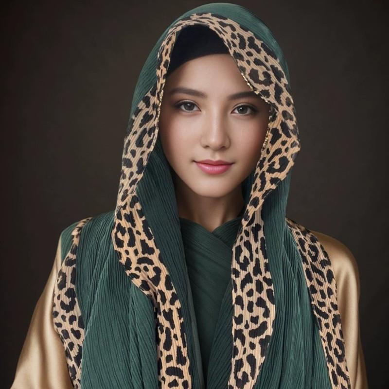 Malaysia Dubai Leopard Embellished Wrinkled Sarf for Women Veil Scarves