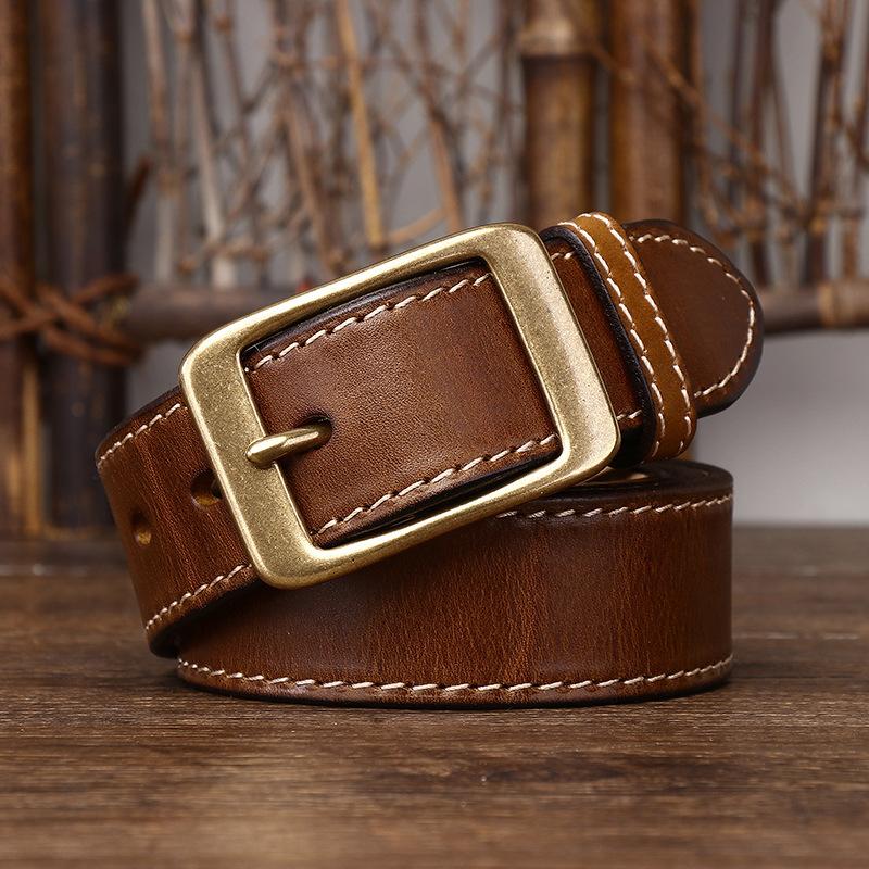 Handmade Retro Thick Thread Decoration Thickened First Layer Vegetable Tanned Leather Belt Men'S Genuine Leather Pin Buckle Versatile Casual Belt Men'