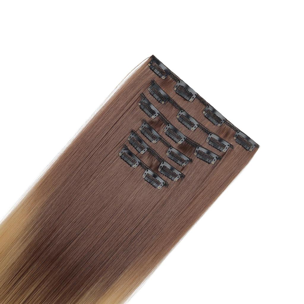 Ensemble de 6 Pièces Postiche Clip In Extensions de Cheveux 24 pouces Long Cheveux Raides Tête Complète Couleur Dégradée Ombrée Aspect Naturel Usage Quotidien