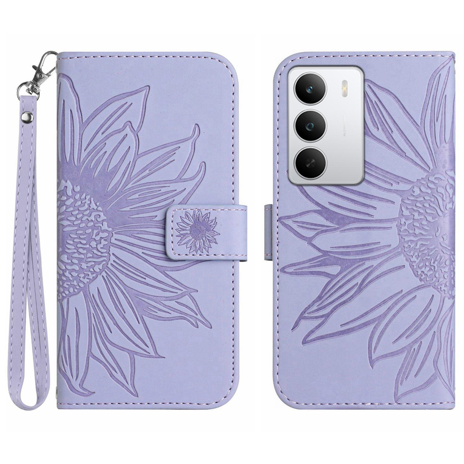 

Для Realme C71 4G Чехол Кожаный кошелек с тиснением подсолнуха Чехол для телефона с ремешком на запястье Light Purple