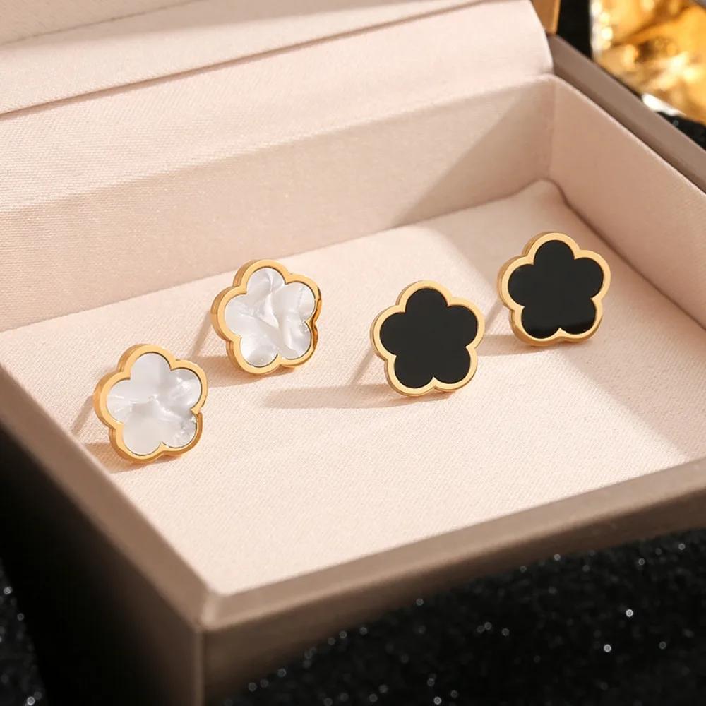 Cute Romantic Five Leaf Flower Stud Earrings for Women Claccic Simple Stainless Steel Temperament Korea Earring Jewelry Gift
