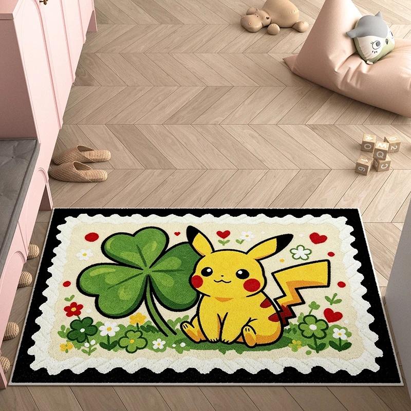 Doorway Floor Mat, Faux Cashmere, Pikachu 3D Print, Soft Water Absorbent, Lucky Clover Home Decor Rug