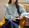 French fungus edge stand-up collar curved split long-sleeved green shirt women's lace-up top spring