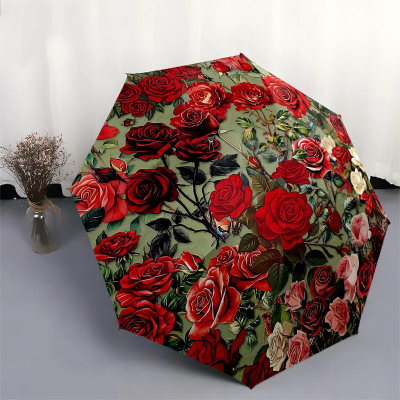 1 Stück Rose Floral Regenschirm-8-Rippen Verstärkt, Automatisches Öffnen, Leicht & Langlebig, Modeaccessoire für Außenbereich, Strand L0344