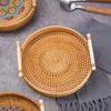 Round Rattan Serving Tray with Handles Coffee Table Decorative Tray Hand Woven Serving Basket Double Ear Bread Fruit Picnic Tray