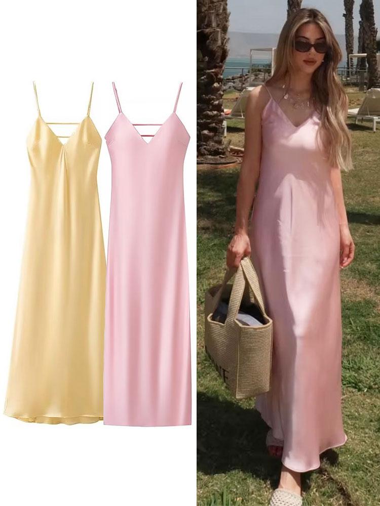 Abiti con spalline sottili da donna Eleganti Scollo a V Senza Maniche Schiena Scoperta Slim Lunghi Abiti Estate Donna Festa Abito da Vacanza 2026
