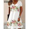 Summer 3D Print Dresses Women Fashion Pullover Short Sleeve V-Neck Dress Casual Retro Flowers Loose Plus Size Female Clothing