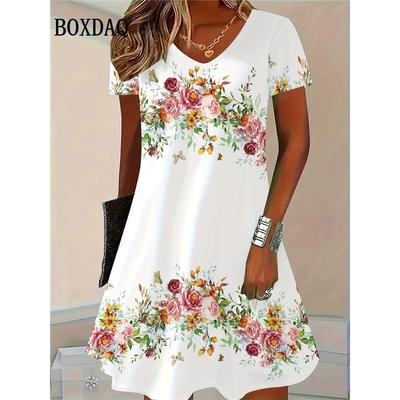 Rochii de vară cu imprimeu 3D Femei Modă Rochie Pulover cu Mânecă Scurtă și Decolteu în V Casual Flori Retro Largă Mărimi Mari Îmbrăcăminte Feminină
