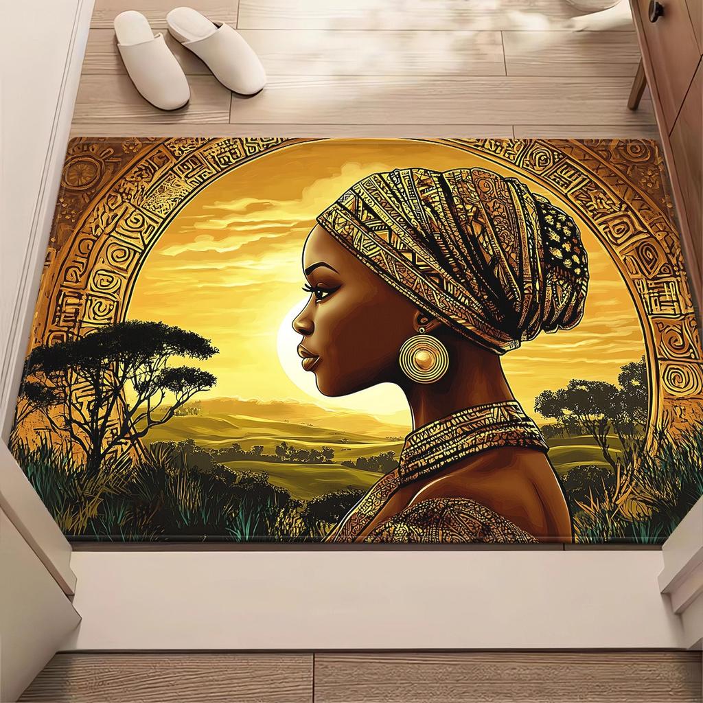 Afrikaanse vrouw zonsondergang landschap kristal fluweel tapijt cultureel kunst tapijt etnisch stammenontwerp woonkamer vloermat Afro-Amerikaans